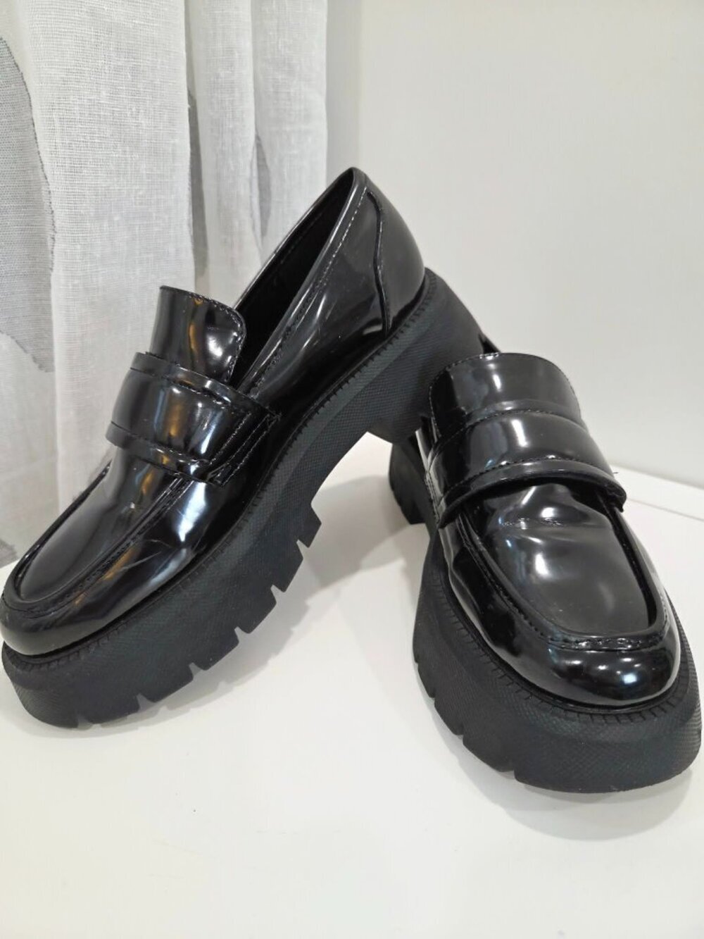 ZARA Black Patent Chunky Platform Loafers Lug Sole Size 37